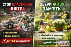 Плакат із закликом не нести пластикові квіти на кладовище та попередженням про штраф