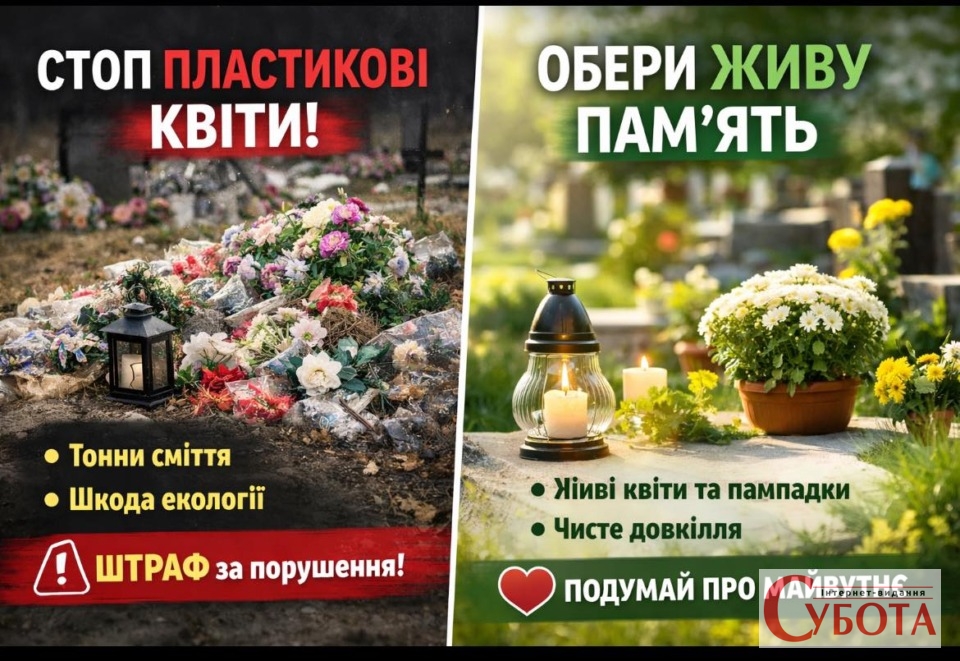 Плакат із закликом не нести пластикові квіти на кладовище та попередженням про штраф