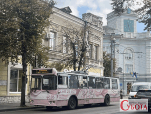 Рожевий тролейбус їде вулицею Житомира на фоні історичної будівлі з годинником, 13 березня 2026