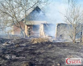 Пожежник гасить залишки цегляної будівлі після пожежі сухої трави на Житомирщині'