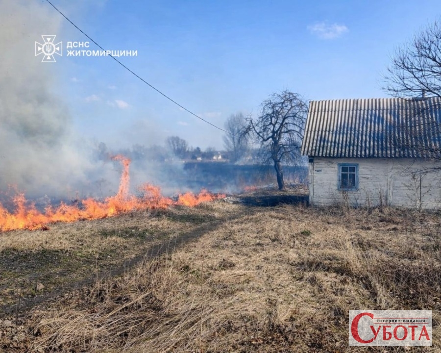 Вогонь із сухої трави підбирається до сільського будинку на Житомирщині, 21 березня 2026
