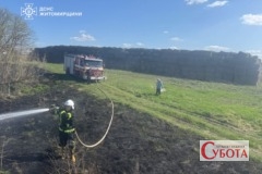 Вогнеборець гасить пожежу сухої трави поблизу скирти сіна на Житомирщині