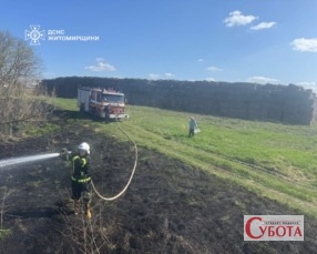 Вогнеборець гасить пожежу сухої трави поблизу скирти сіна на Житомирщині