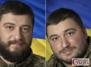 Портрети загиблих братів-захисників Олександра та Сергія Горобців на тлі прапора України
