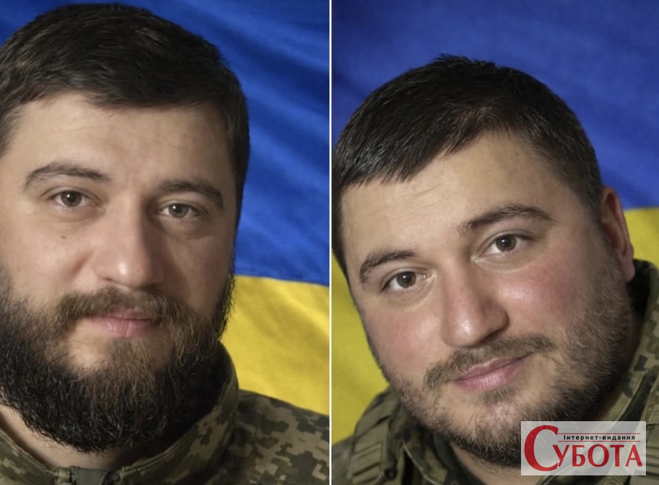 Портрети загиблих братів-захисників Олександра та Сергія Горобців на тлі прапора України