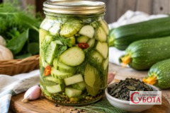 Ферментовані кабачки з кропом, часником і зеленим чаєм у скляній банці