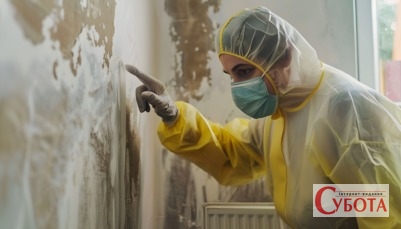 Жінка у захисному одязі оглядає стіну з пліснявою