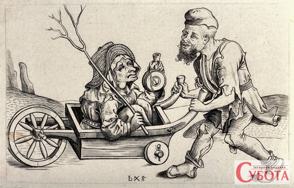 V0020318 A man in ragged clothes pushing a woman sitting in a wheelba Credit: Wellcome Library, London. Wellcome Images images@wellcome.ac.uk