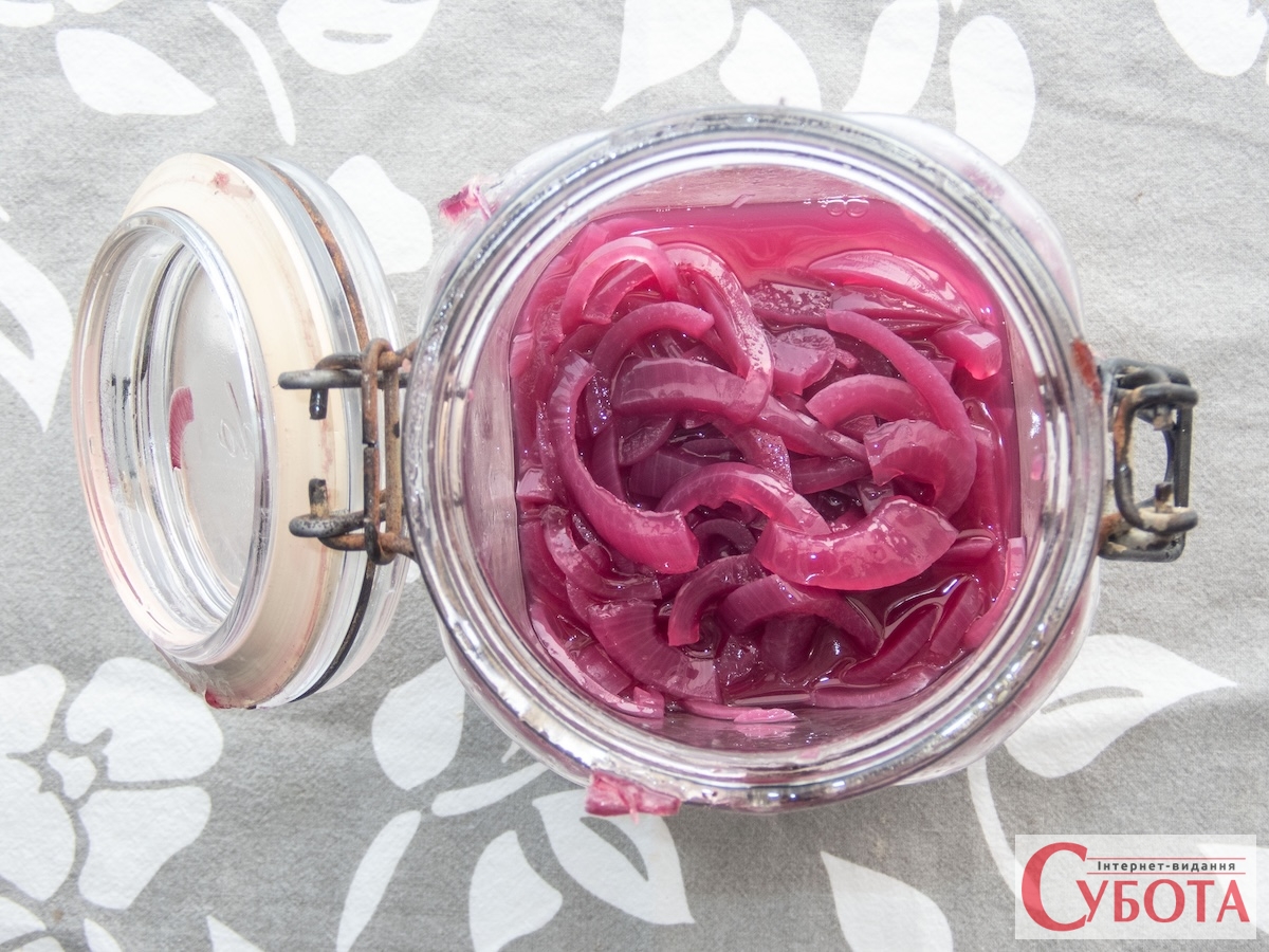 Pickled red onion in jar
