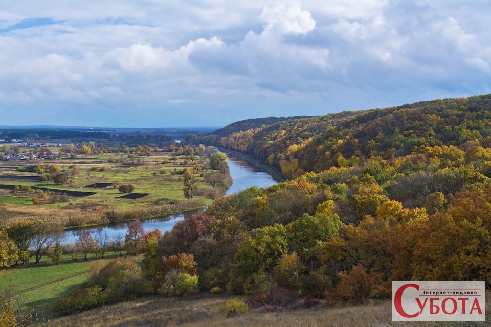 River and forest in the fall Ukrainian landscape