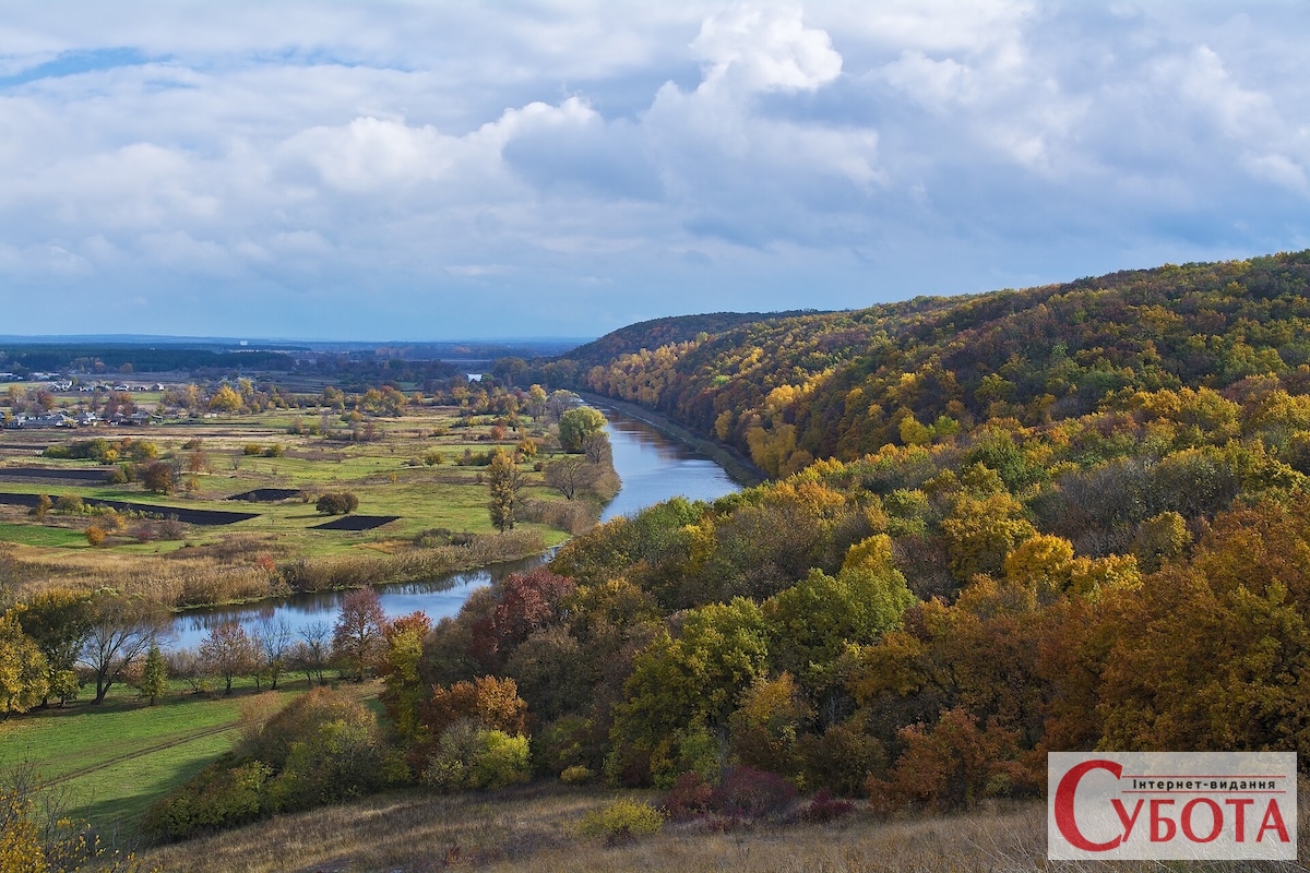 River and forest in the fall Ukrainian landscape