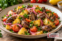 Teplyj salat iz kuriachymy serdechkamy j kartopleiu