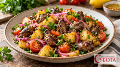 Teplyj salat iz kuriachymy serdechkamy j kartopleiu