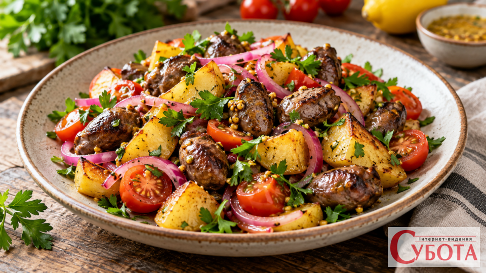Teplyj salat iz kuriachymy serdechkamy j kartopleiu