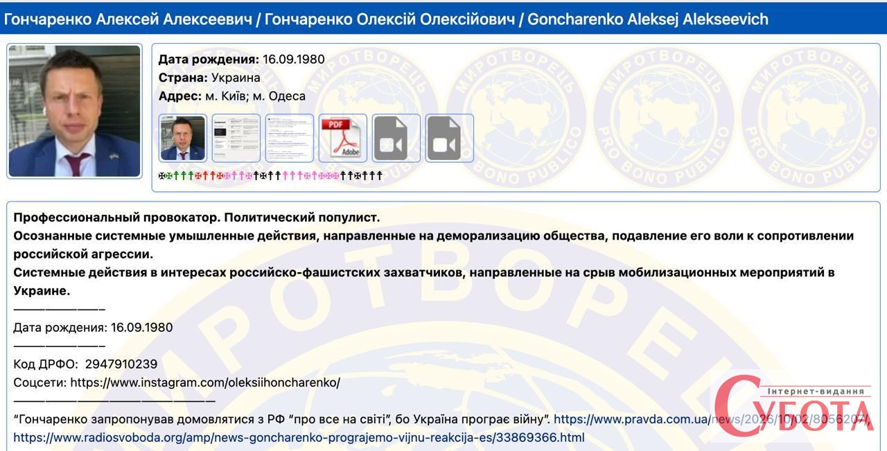 Після «мирного плану» Гончаренко з’явився у базі «Миротворця»: напередодні його виключили з фракції «ЄС» — фото 1